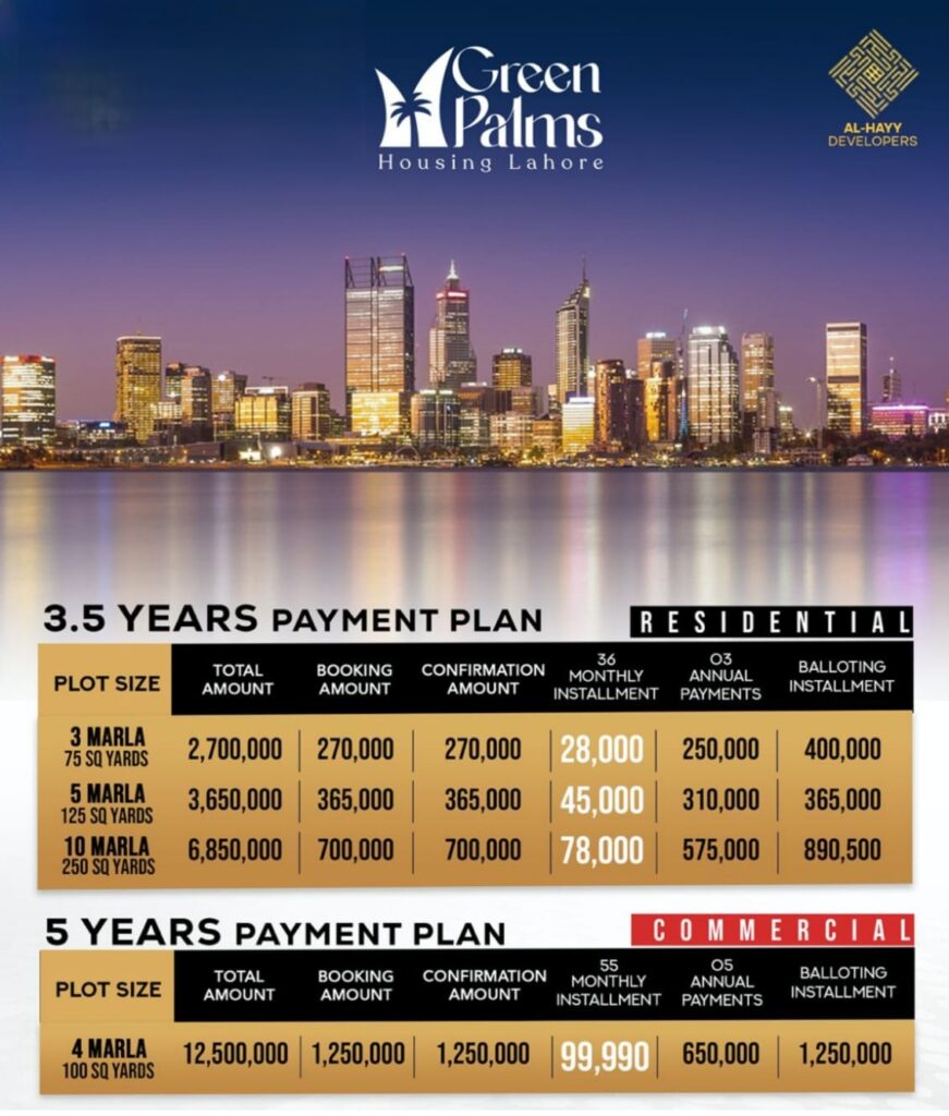payment plan green palms housing society lahore